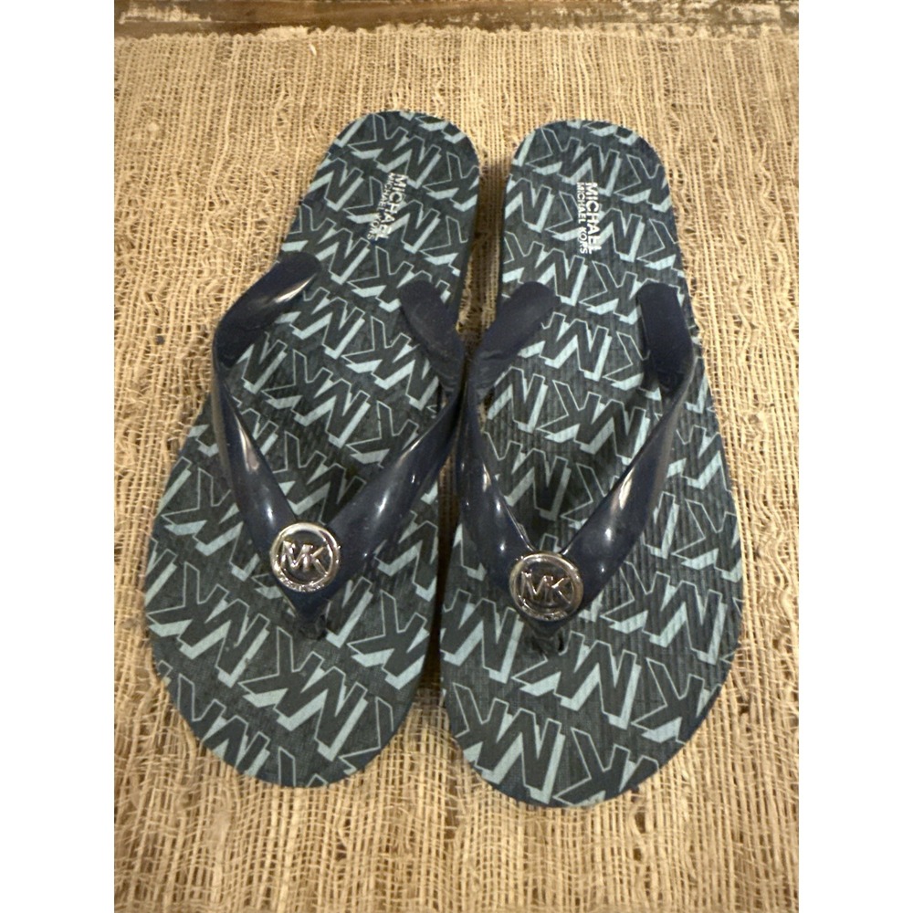 Michael Kors Women's MK Flip Flop Sz 8 Logo Footbed Print Sandals ‎ Blue